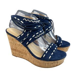 Ivanka Trump Women’s Wedge Sandals 9.5M Blue Suede Lace-Up Cork Heel Open Toe